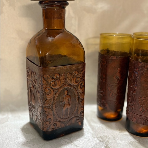 Vintage Amber Glass Decanter Set with Leather Wrap - Picture 4 of 14
